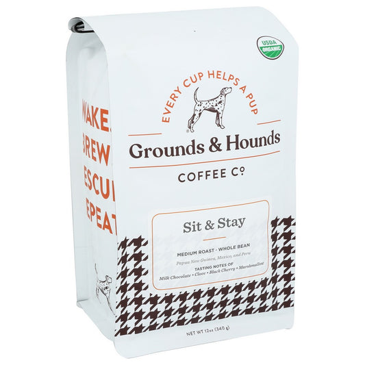 Grounds & Hounds Coffee Co. 02019234, Sit & Stay Whole Bean Coffee 12 Ounce, Case of 8