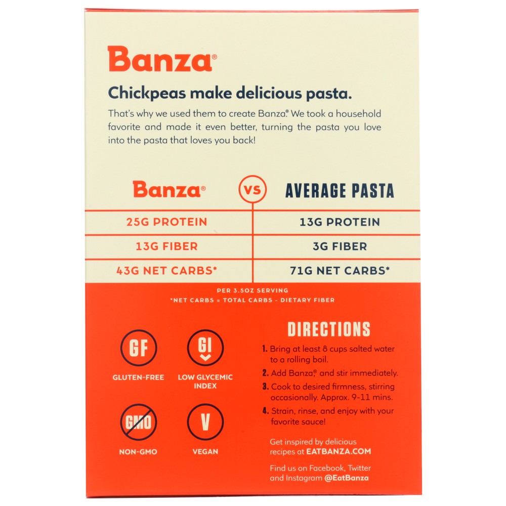 Banza® Pas101, Banza Chickpea Pasta Penne, 8 Oz.,  Case of 6