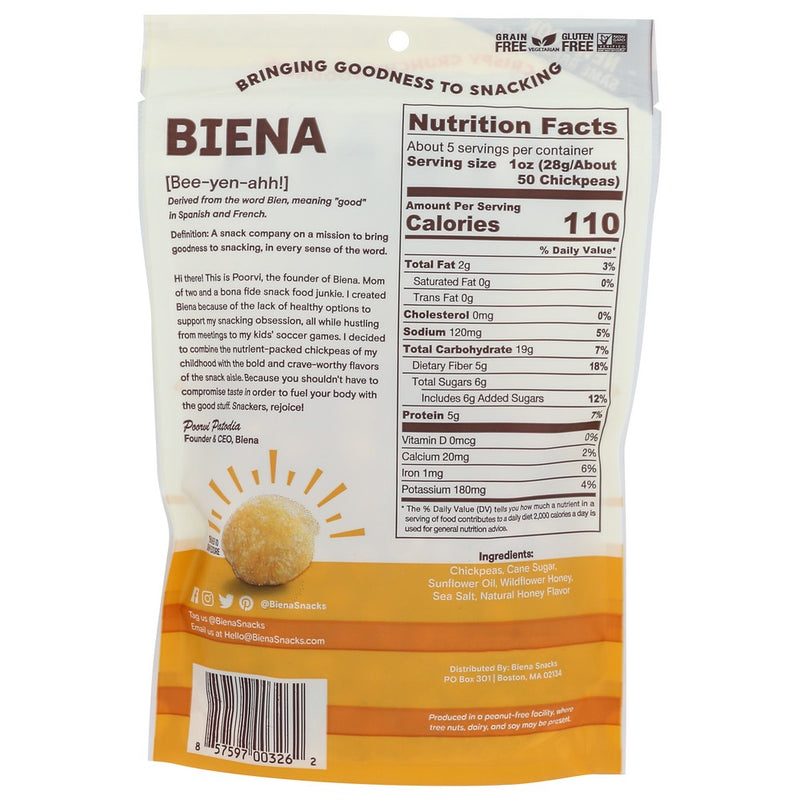 Biena Chickpea Roasted Honey - 5 Ounce, Case of 8