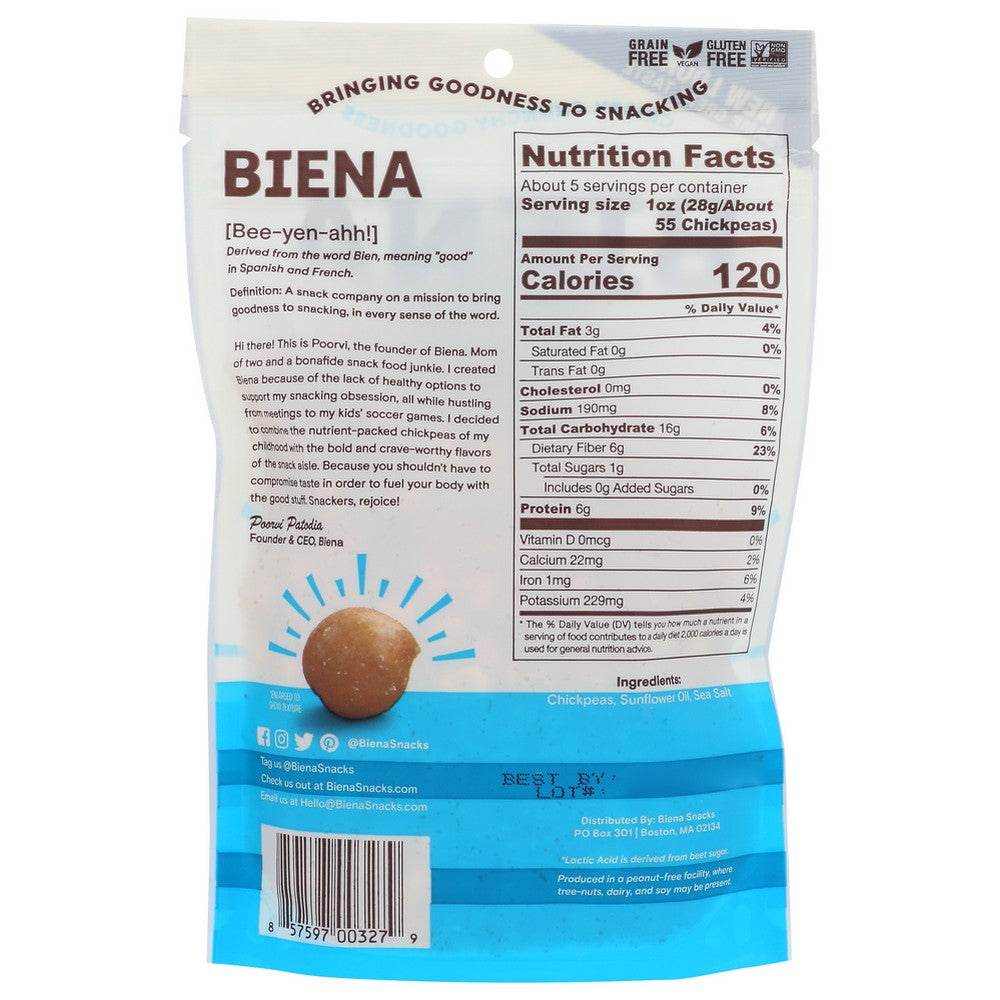 Biena® 174054, Biena Chickpeas Snacks, Sea Salt, 5 Oz. Bag,  Case of 8