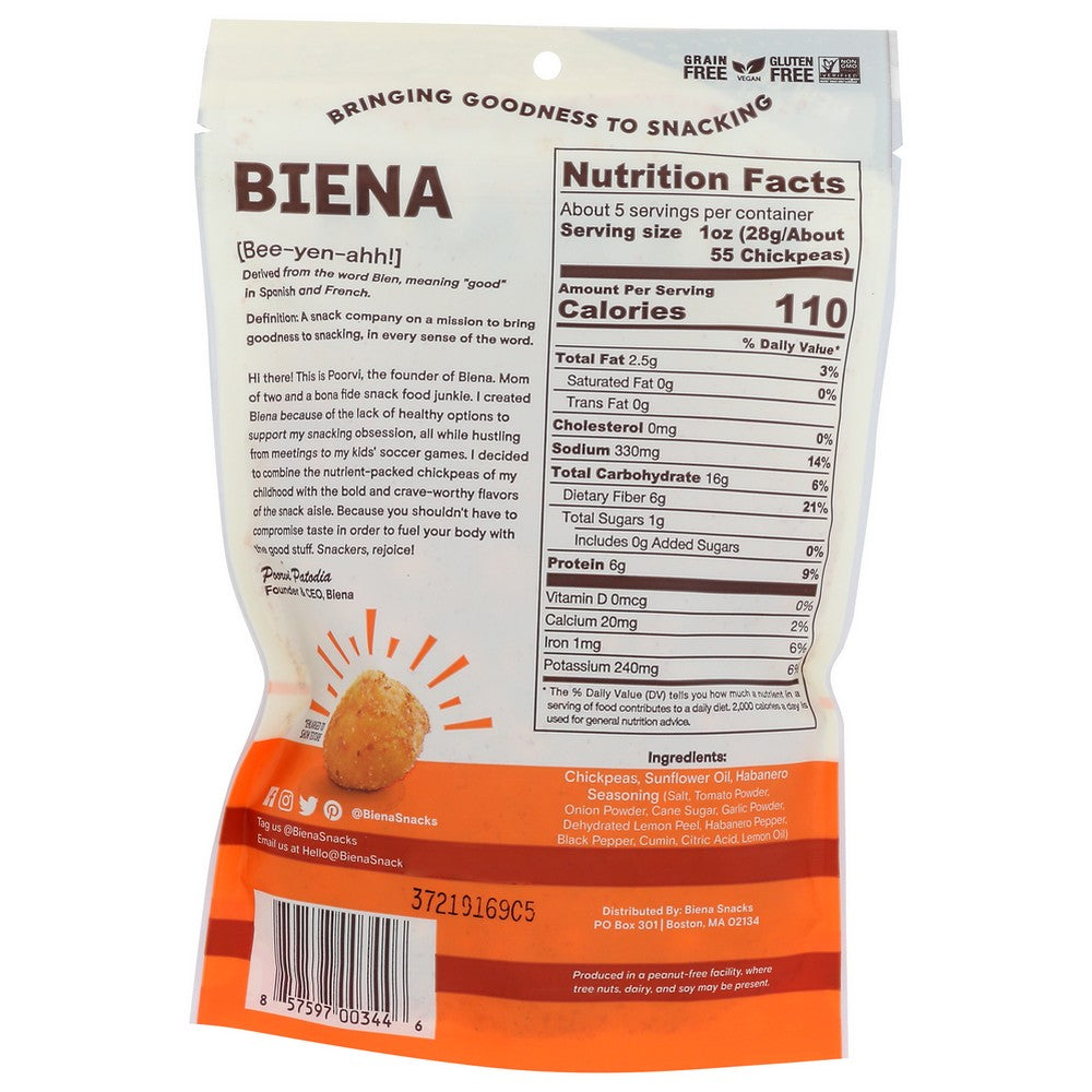 Biena® 174058, Biena Chickpeas Snacks, Habanero Medium Spicy, 5 Oz. Bag,  Case of 8