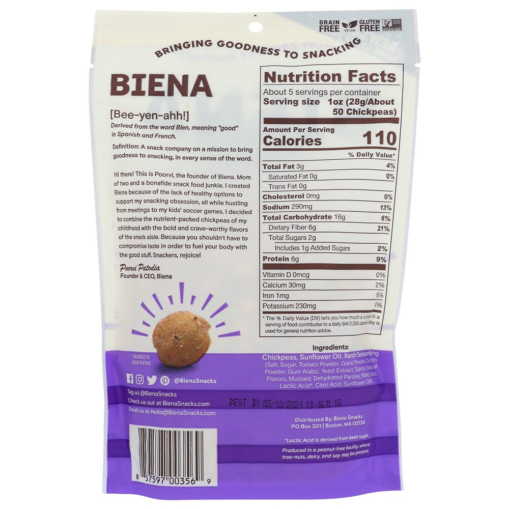 Biena® 185712, Biena Rockin' Ranch Chickpea Snacks, 5 Oz.,  Case of 8