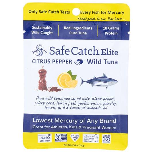 Safe Catch , Mercury Tested Tuna- All Natural Seasoning Elite Wild Tuna Pouch - Citrus Pepper 2.6 Ounce,  Case of 12