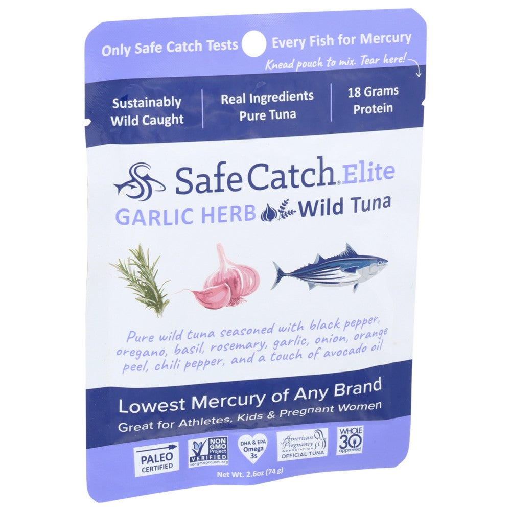 Safe Catch , Mercury Tested Tuna- All Natural Seasoning Elite Wild Tuna Pouch - Garlic Herb 2.6 Ounce,  Case of 12