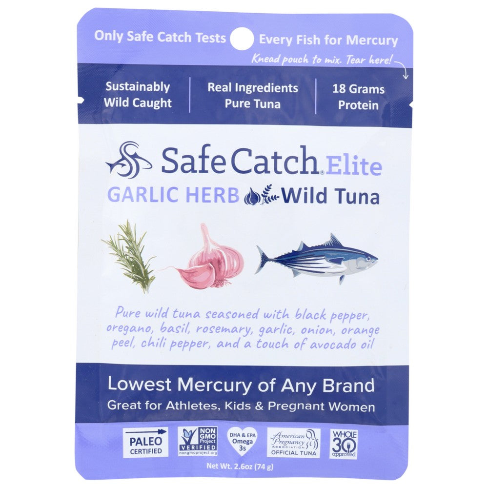 Safe Catch , Mercury Tested Tuna- All Natural Seasoning Elite Wild Tuna Pouch - Garlic Herb 2.6 Ounce,  Case of 12