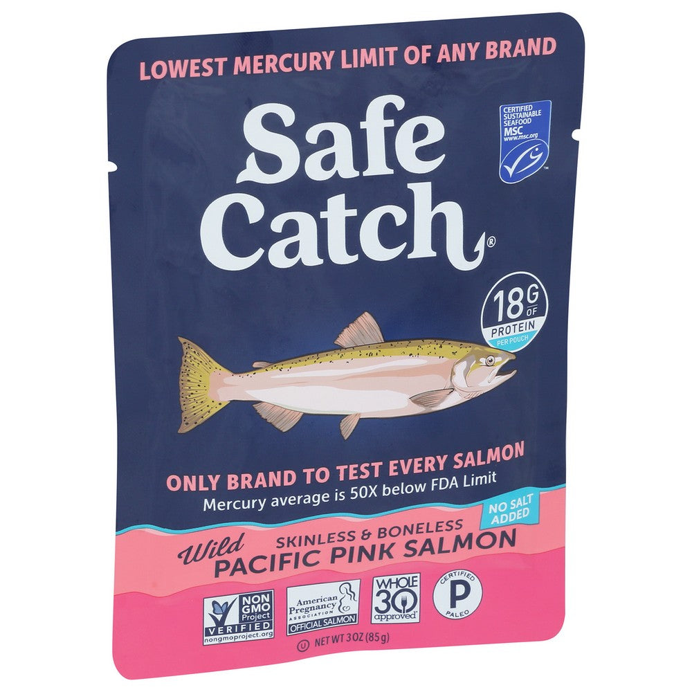 Safe Catch 10859480006487, Every Fish Mercury Tested Wild Pink Salmon, No Salt Added - Single Serve Pouch 3 Ounce,  Case of 12