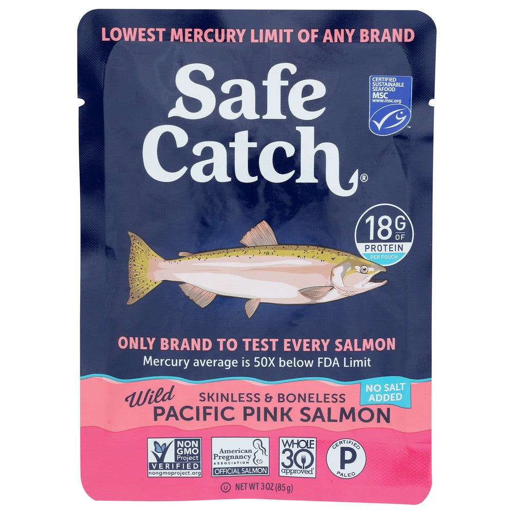 Safe Catch 10859480006487, Every Fish Mercury Tested Wild Pink Salmon, No Salt Added - Single Serve Pouch 3 Ounce,  Case of 12