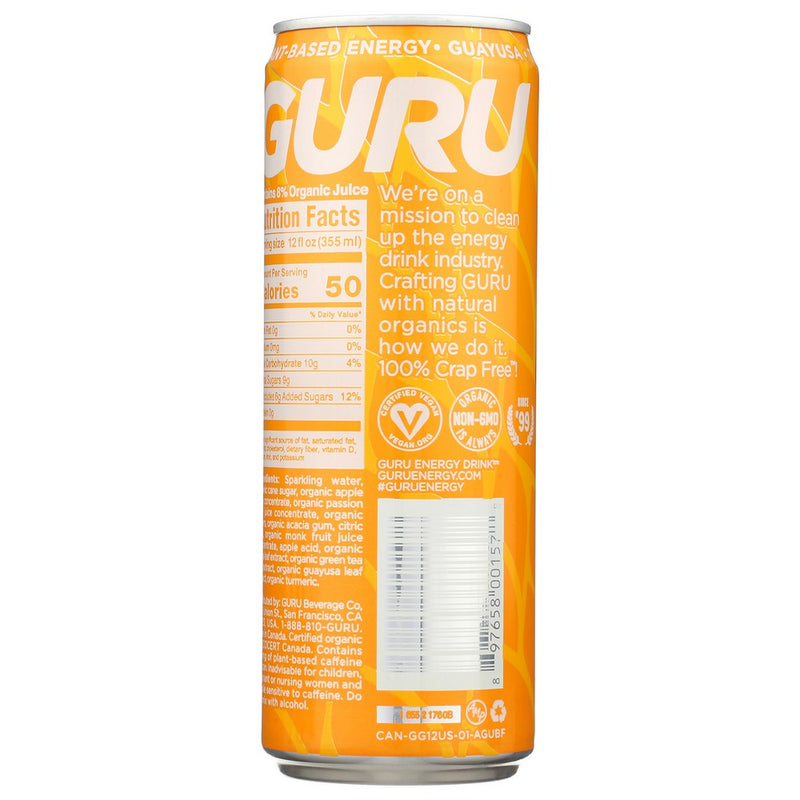 Guru Drink Energy Guayusa Organic - 12 Fluid Ounce, Case of 24