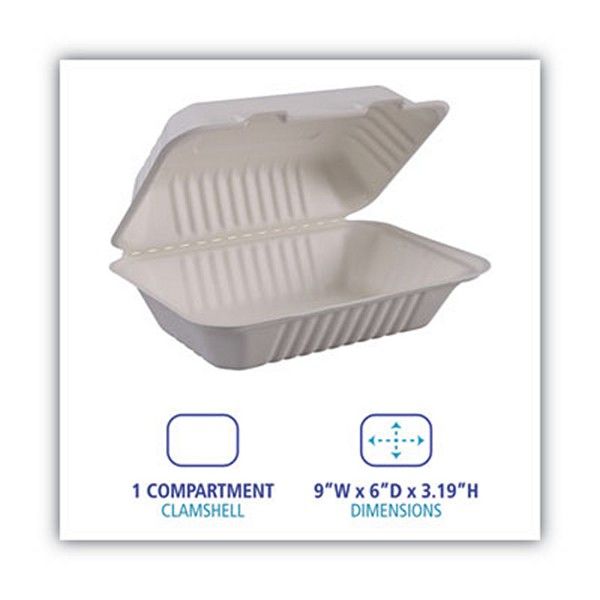 Boardwalk® Bagasse Food Containers, Hinged-Lid, 1-Compartment 9 X 6 X 3.19, White, 125/sleeve, 2 Sleeves/carton