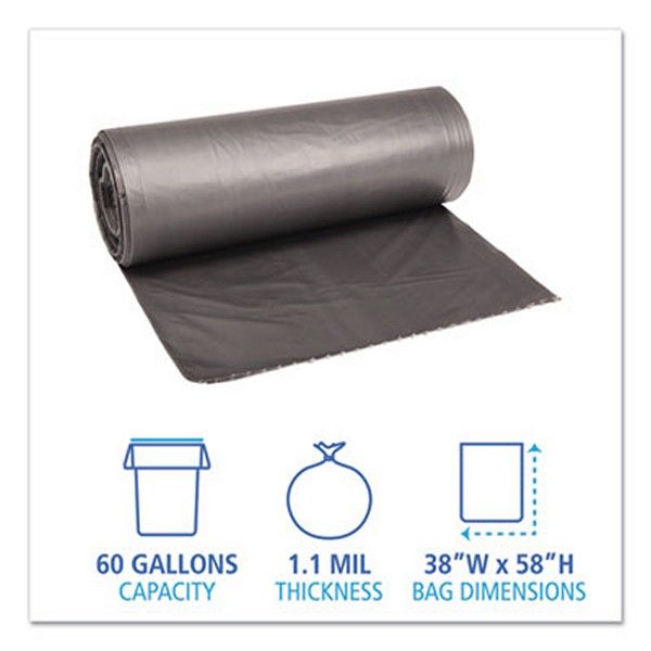 Boardwalk® Low-Density Waste Can Liners, 60 Gal, 1.1 Mil, 38" X 58", Gray, 100/carton