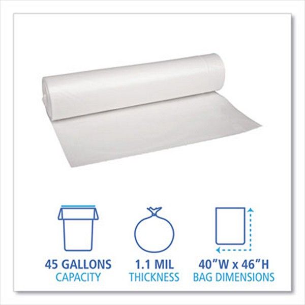 Boardwalk® Low Density Repro Can Liners, 45 Gal, 1.1 Mil, 40" X 46", Clear, 10 Bags/roll, 10 Rolls/carton