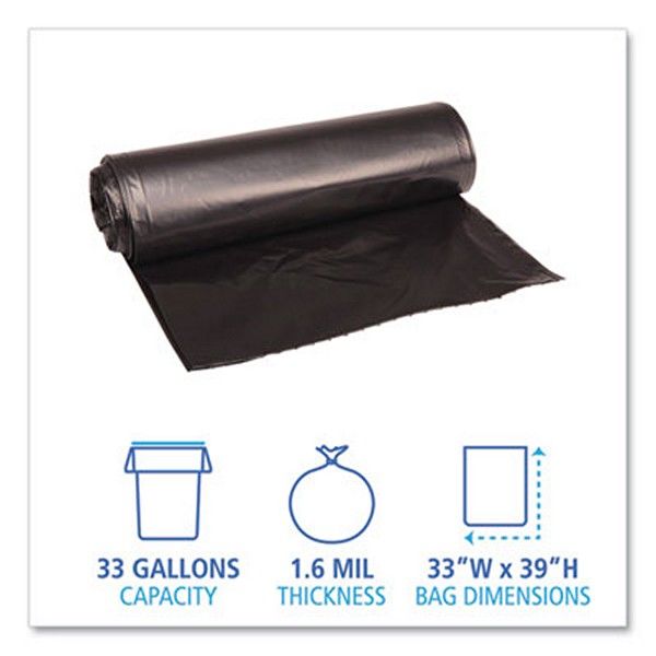 Boardwalk® Low Density Repro Can Liners, 33 Gal, 1.6 Mil, 33" X 39", Black, 10 Bags/roll, 10 Rolls/carton