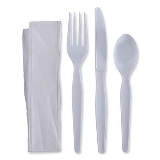 Boardwalk® Four-Piece Cutlery Kit, Fork/knife/napkin/teaspoon, Heavyweight, White, 250/carton