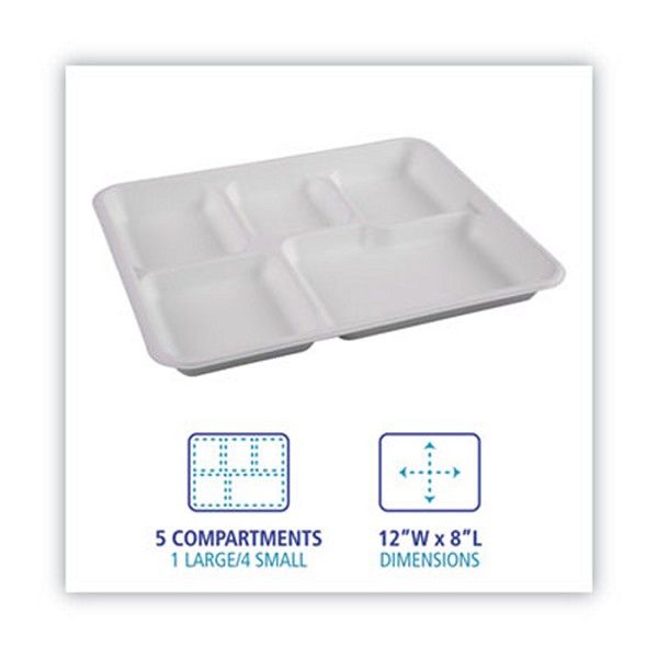 Boardwalk® Bagasse Dinnerware, 5-Compartment Tray, 10 x 8, White, 500/Carton