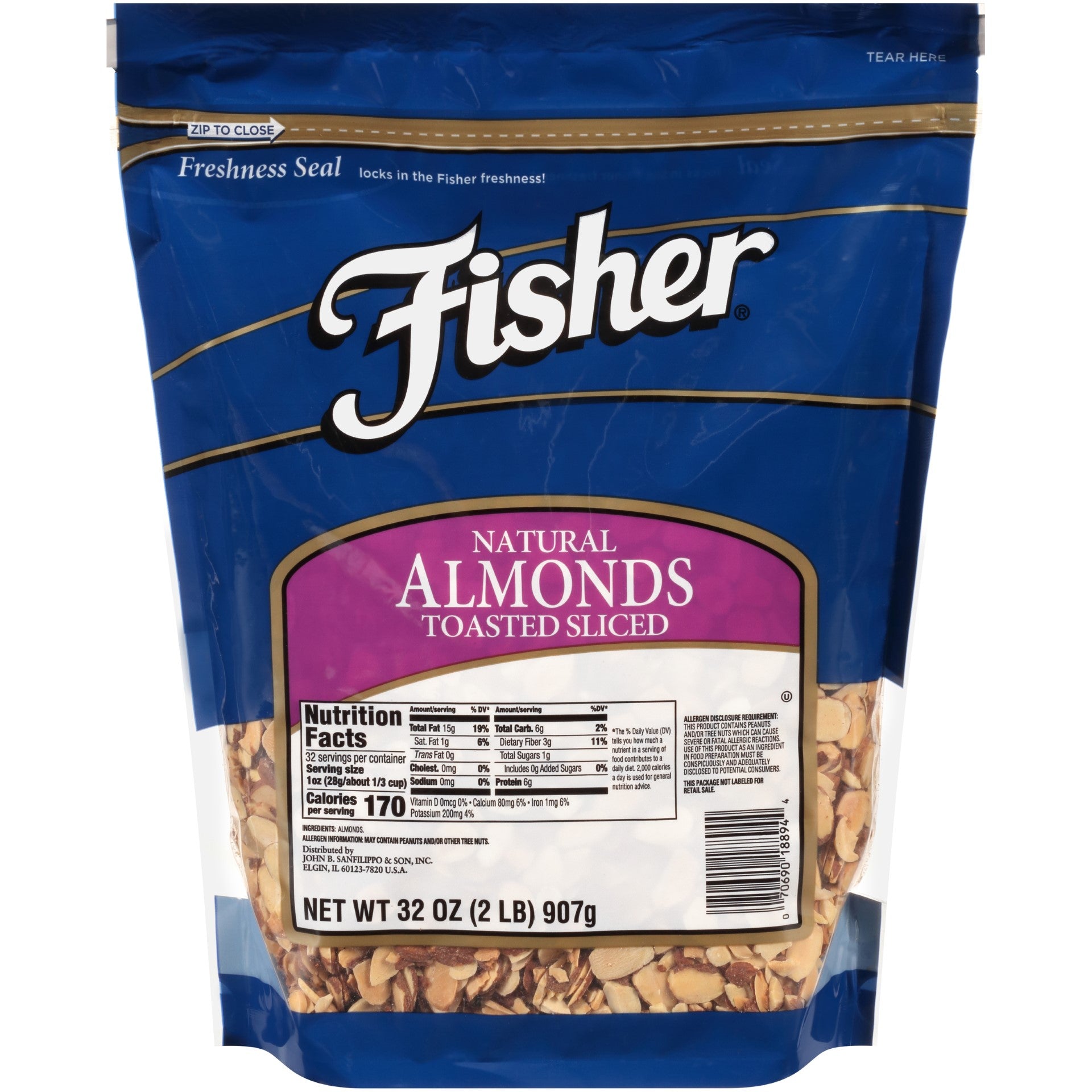 Fisher Natural Sliced Almonds Toasted No Salt 32 Ounce Size - 3 Per Case