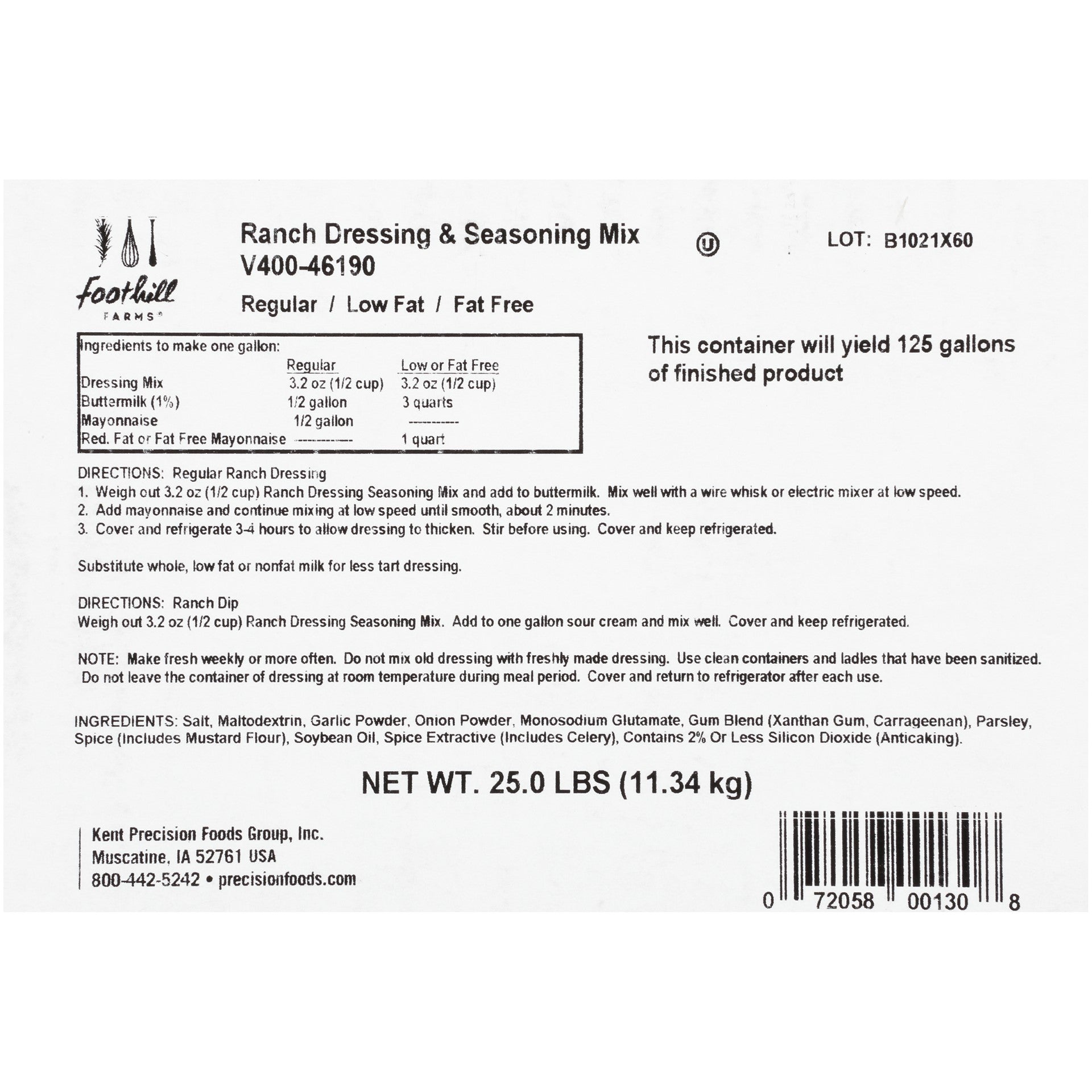 Foothill Farms Ranch Dressing & Seasoning Mix Bag 25 Pound Each - 1 Per Case