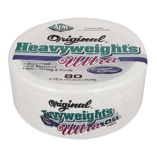 Ajm Original Heavy Weight Ultra Paper Plates 9 Inch, 80 Count, 12 Per Case
