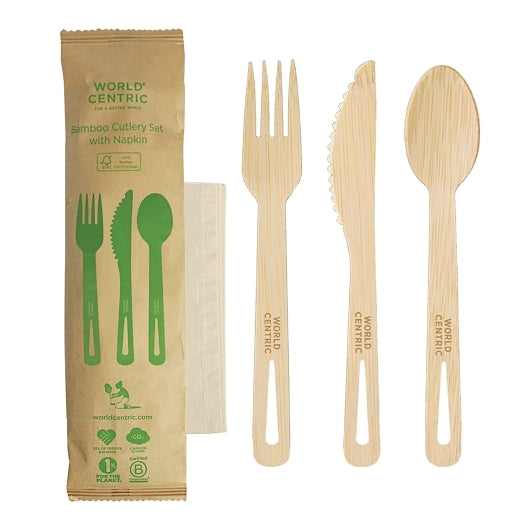 World Centric Compostable Bamboo Set (Knife, Fork, Spoon, Napkin), 250 Each