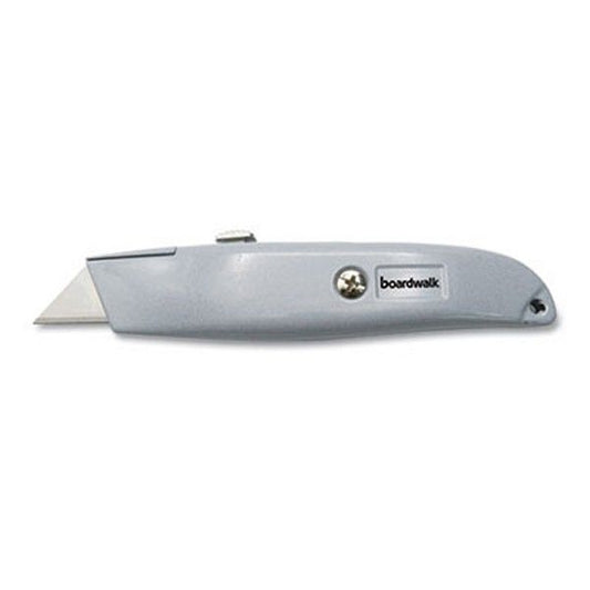 Boardwalk® Retractable Metal Utility Knife, Retractable, Straight-Edged, Gray