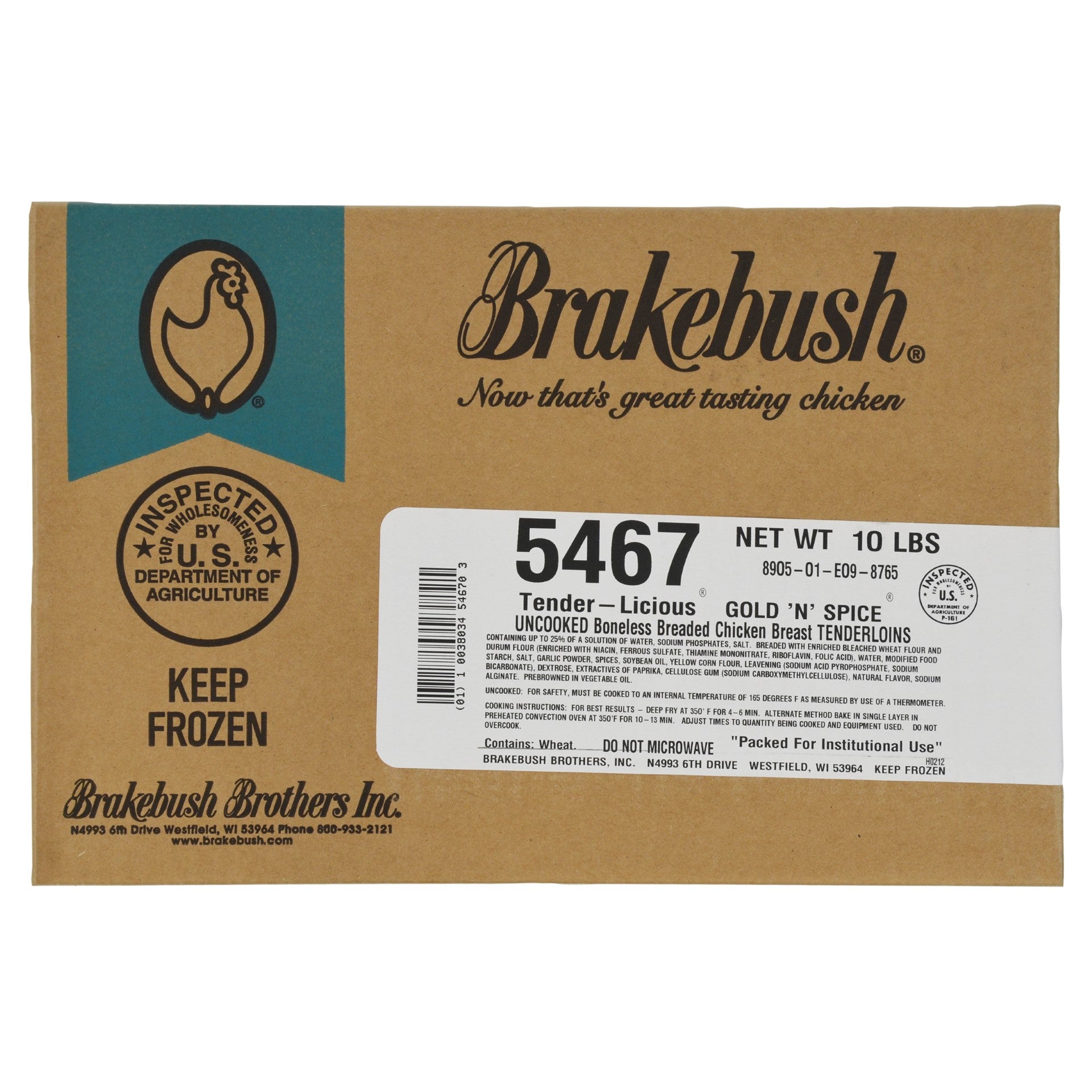 Brakebush(r) Gold N Spice(r) Breaded Chickentenderloins Par Fried Random Sized Boneles 5 Pound