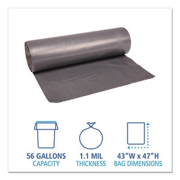 Boardwalk® Low-Density Waste Can Liners, 56 Gal, 1.1 Mil, 43" X 47", Gray, 100/carton