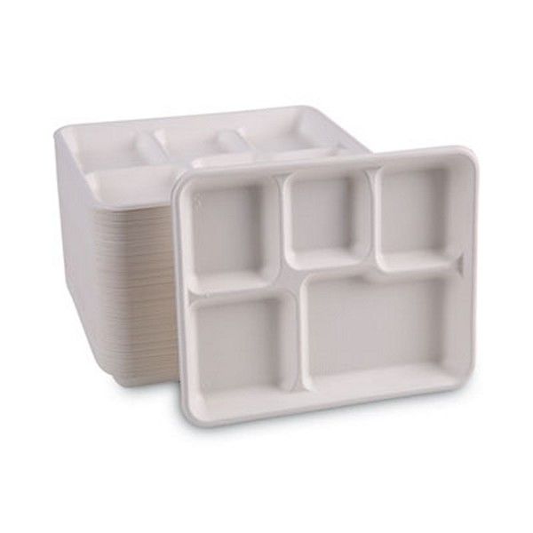 Boardwalk® Bagasse Dinnerware, 5-Compartment Tray, 10 x 8, White, 500/Carton