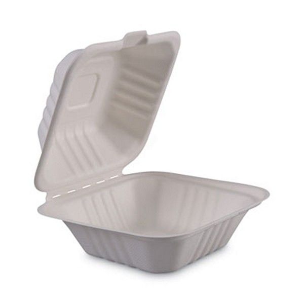 Boardwalk® Bagasse Food Containers, Hinged-Lid, 1-Compartment 6 X 6 X 3.19, White, 125/sleeve, 4 Sleeves/carton