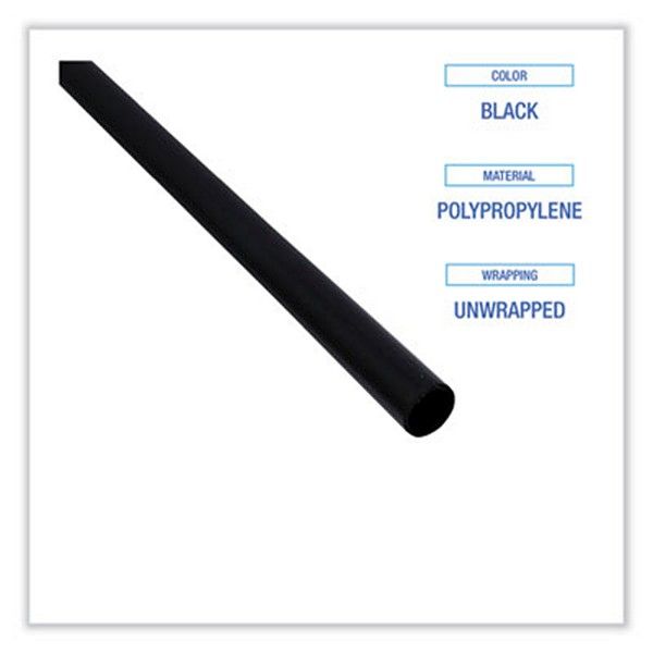 Boardwalk® Single-Tube Stir-Straws, 5.25", Polypropylene, Black, 1,000/pack, 10 Packs/carton