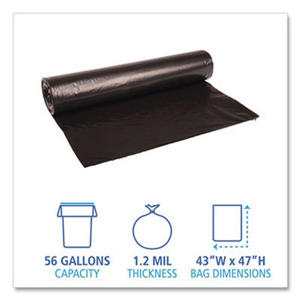 Boardwalk® Low Density Repro Can Liners, 56 Gal, 1.2 Mil, 43" X 47", Black, 10 Bags/roll, 10 Rolls/carton