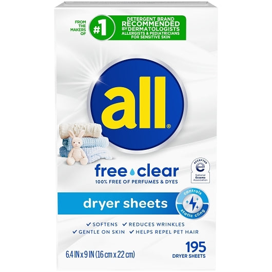 All Free Clear Dryer Sheets, 195 Count, 6 Per Case