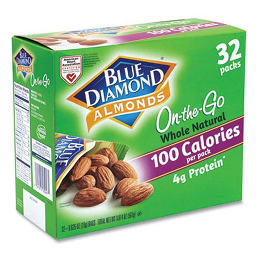 BlueDiamon Whole Natural Almonds On-The-Go, 0.63 Pouch, 32 Pouches/carton