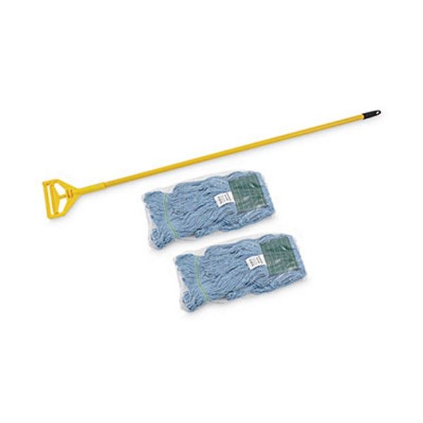 Boardwalk® Looped End Mop Kit, Medium Blue Cotton/Rayon/Synthetic Head, 60" Yellow Metal/Polypropylene Handle