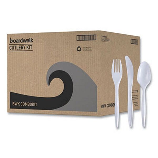 Boardwalk® Three-Piece Cutlery Kit, Fork/knife/teaspoon, Polypropylene, White, 250/carton