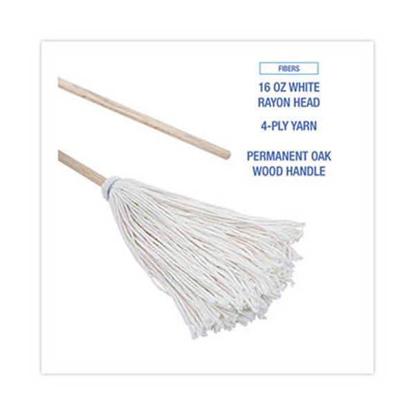 Boardwalk® Handle/deck Mops, 16 Oz White Rayon Head, 48" Oak Wood Handle