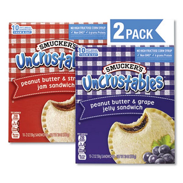 Smucker's Uncrustables Soft Bread Sandwiches, Grape/strawberry, 2 Oz, 10 Sandwiches/pack, 2 Pk/box