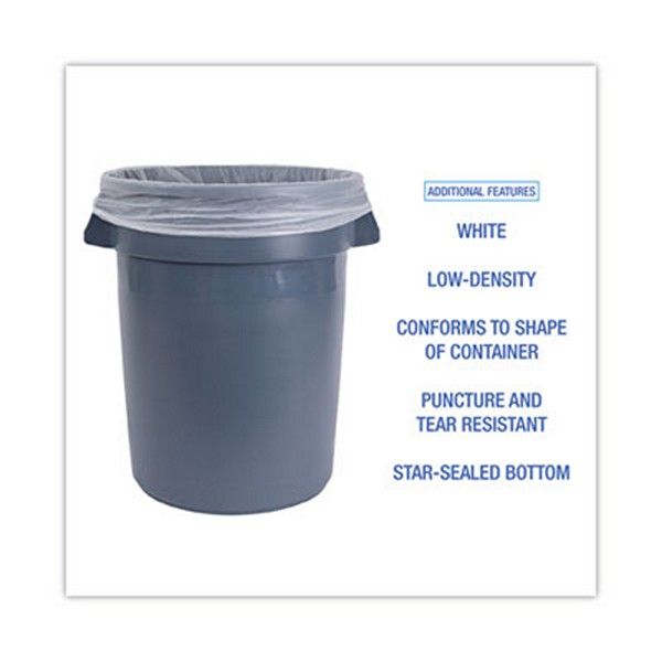 Boardwalk® Low Density Repro Can Liners, 30 gal, 0.62 mil, 30" x 36", White, 10 Bags/Roll, 20 Rolls/Carton