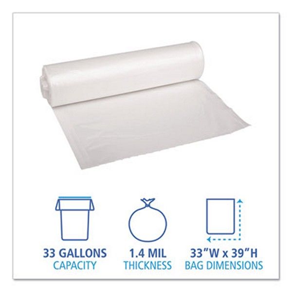 Boardwalk® Low Density Repro Can Liners, 33 Gal, 1.4 Mil, 33" X 39", Clear, 10 Bags/roll, 10 Rolls/carton