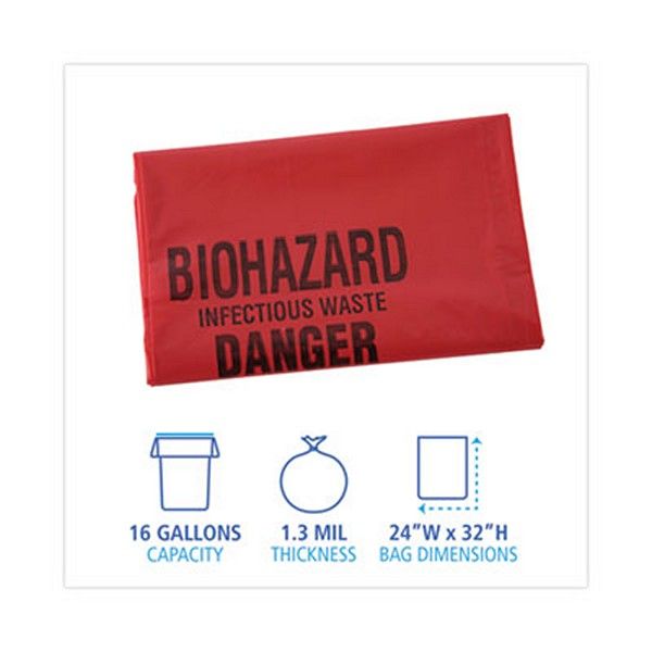 Boardwalk® Linear Low Density Health Care Trash Can Liners, 16 Gal, 1.3 Mil, 24 X 32, Red, 250/carton