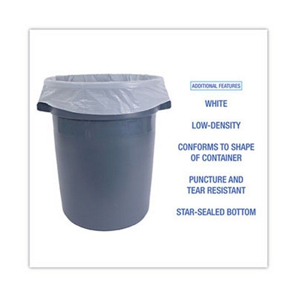 Boardwalk® Low Density Repro Can Liners, 55 gal, 0.63 mil, 38" x 58", White, 10 Bags/Roll, 10 Rolls/Carton