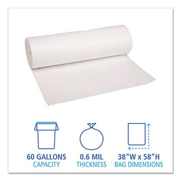 Boardwalk® Low-Density Waste Can Liners, 60 Gal, 0.6 Mil, 38" X 58", White, 100/carton