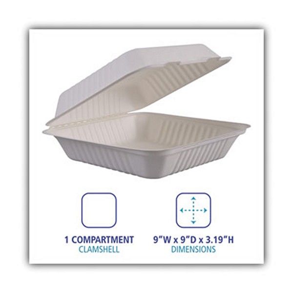 Boardwalk® Bagasse Food Containers, Hinged-Lid, 1-Compartment 9 X 9 X 3.19, White, 100/sleeve, 2 Sleeves/carton