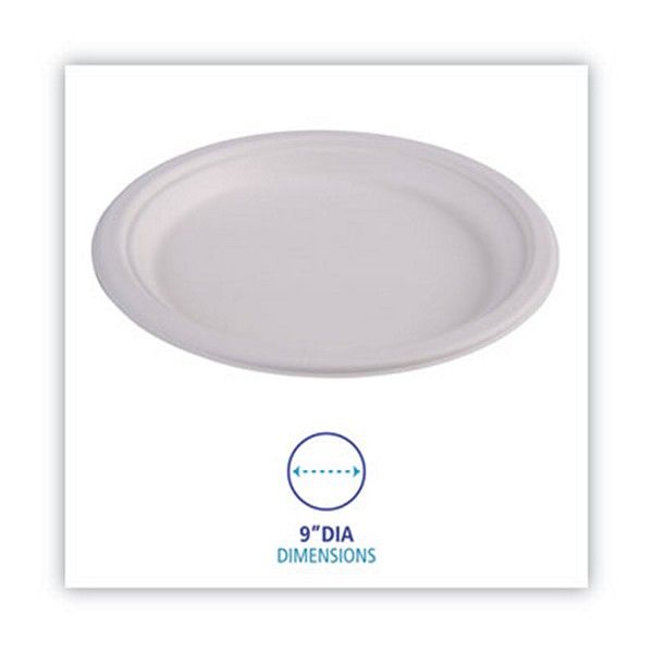 Boardwalk® Bagasse Dinnerware, Plate, 9" Dia, White, 500/carton