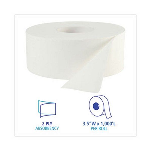 Boardwalk® Jrt Bath Tissue, Jumbo, Septic Safe, 2-Ply, White, 3.5" X 1000 Ft, 12 Rolls/carton