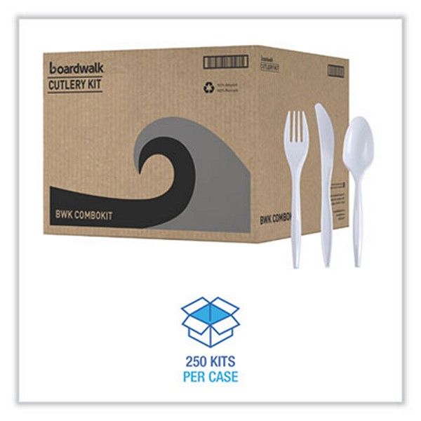 Boardwalk® Three-Piece Cutlery Kit, Fork/knife/teaspoon, Polypropylene, White, 250/carton