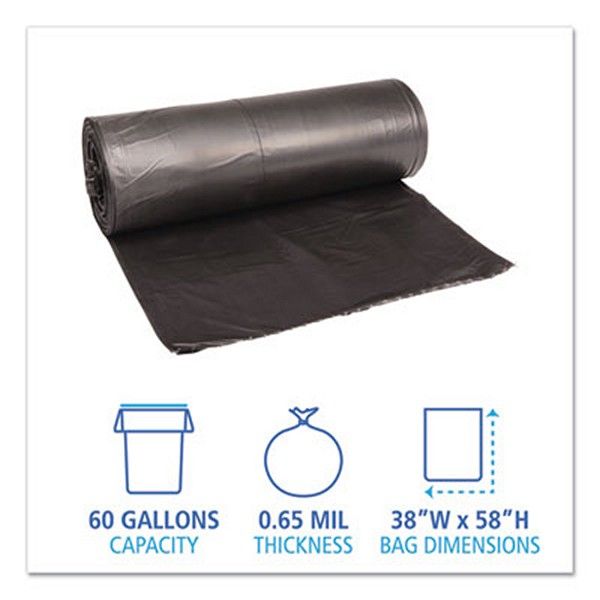 Boardwalk® Low-Density Waste Can Liners, 60 Gal, 0.65 Mil, 38" X 58", Black, 100/carton