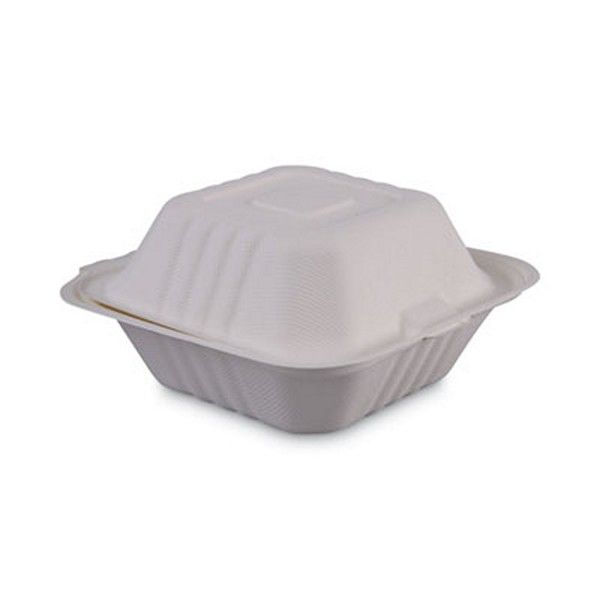 Boardwalk® Bagasse Food Containers, Hinged-Lid, 1-Compartment 6 X 6 X 3.19, White, 125/sleeve, 4 Sleeves/carton