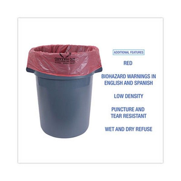 Boardwalk® Linear Low Density Health Care Trash Can Liners, 45 Gal, 1.3 Mil, 40 X 46, Red, 100/carton