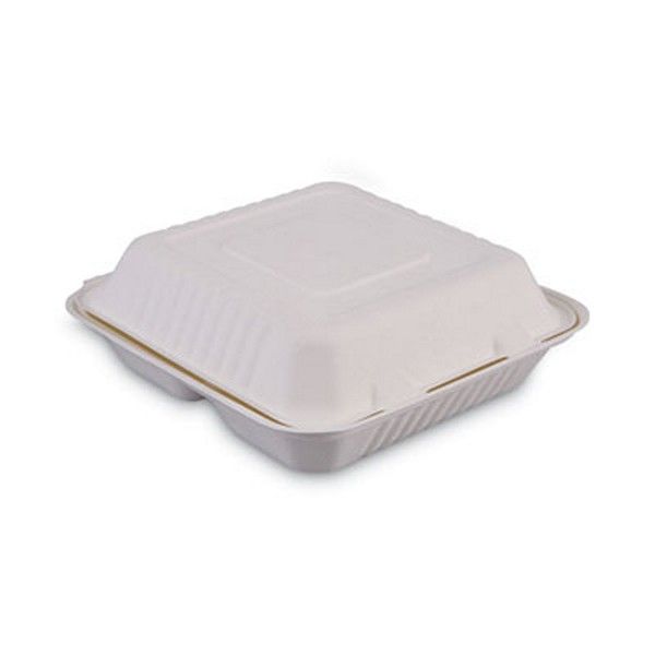 Boardwalk® Bagasse Food Containers, Hinged-Lid, 3-Compartment 9 X 9 X 3.19, White, 100/sleeve, 2 Sleeves/carton