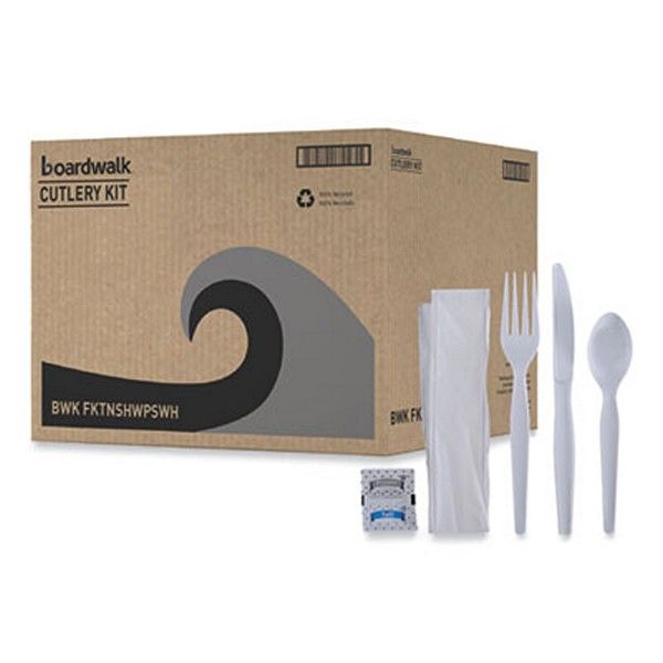 Boardwalk® Six-Piece Cutlery Kit, Condiment/fork/knife/napkin/spoon, Heavyweight, White, 250/carton