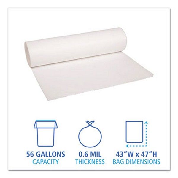 Boardwalk® Low-Density Waste Can Liners, 56 Gal, 0.6 Mil, 43" X 47", White, 100/carton